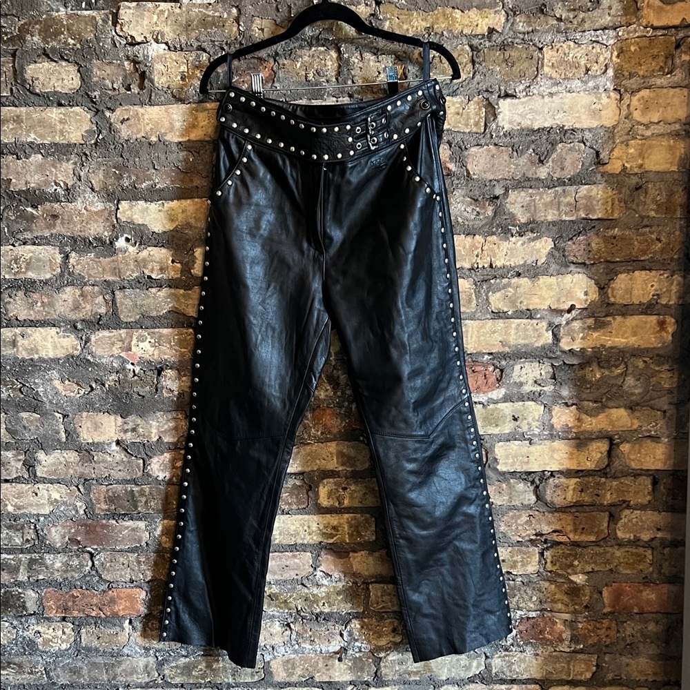 Y2K Harley Davidson Black Leather Pants with Studded Details